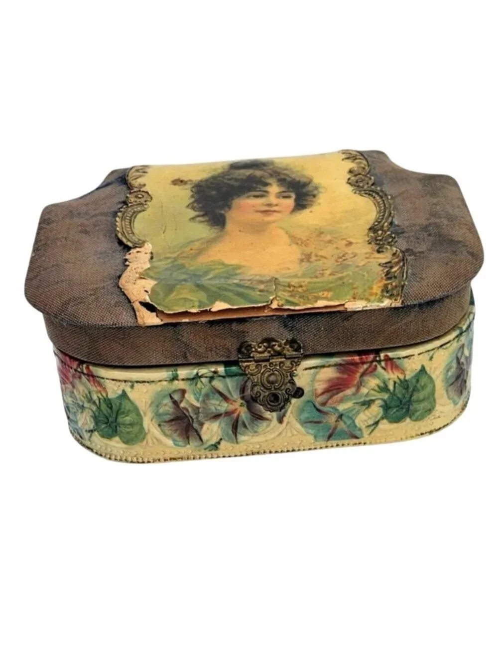 Antique Victorian Edwardian Celluloid Vanity Dresser Jewelry Box Portrait Lid